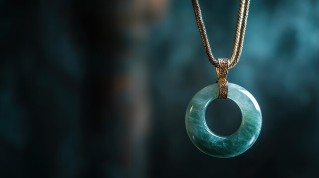 Elegant Green Jade Pendant Necklace, Gold Chain, Circular Design