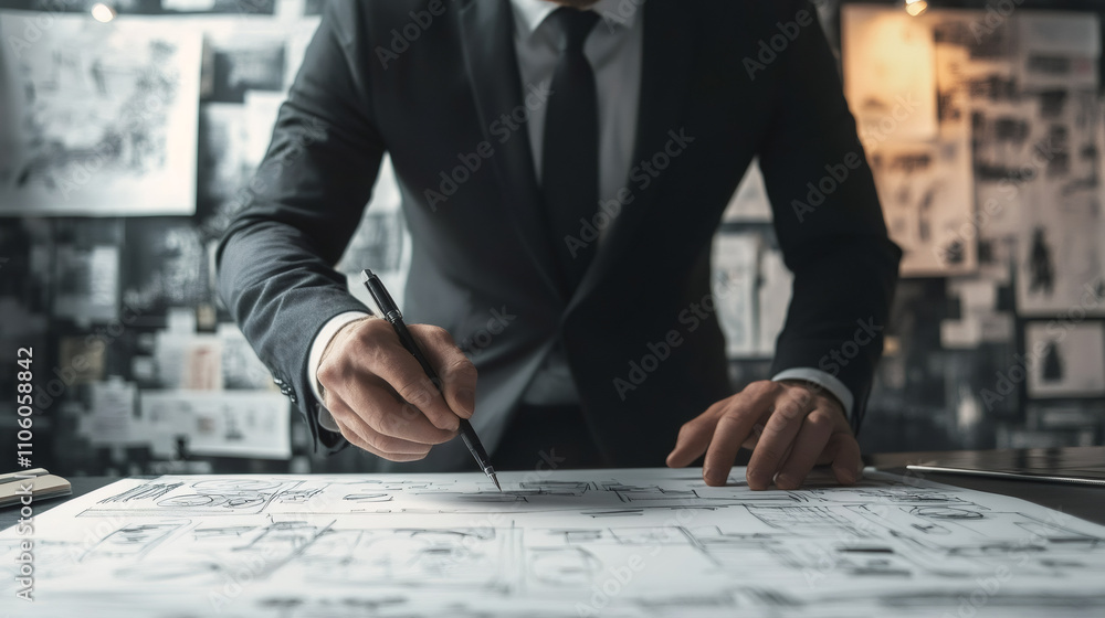 Poster architect drawing sketches for a new project in his office, using a pen on large paper sheets
