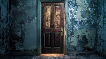 A Mysterious Glow Emanates from a Hidden Room in an Old, Abandoned Mansion Surrounded by Crumbling Walls and Faded Paint