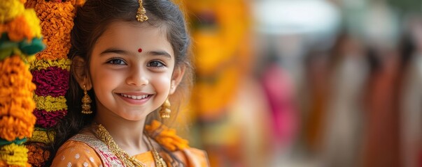 Obraz premium A young girl beams radiantly in traditional attire during a festive celebration, capturing the essence of joy and cultural vibrancy with her charming smile.