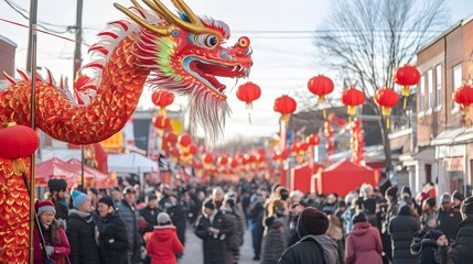 A vibrant scene of a traditional festival featuring a large dragon lantern and festive red lanterns, attracting a diverse crowd enjoying the celebration and cultural heritage.
