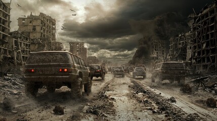 A dynamic image of a convoy of vehicles navigating through an apocalyptic road filled with obstacles