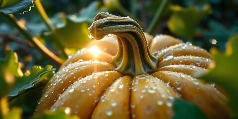 A close-up of a warty golden pumpkin with dew drops on its stem glistening in bright sunlight