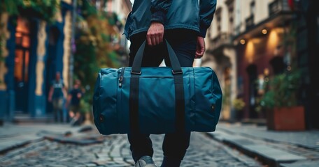 Durable and fashionable, this blue duffel bag is ideal for both gym use and vacation. With its comfy handles and stylish appearance, it's a useful addition to any expedition, Generative AI.