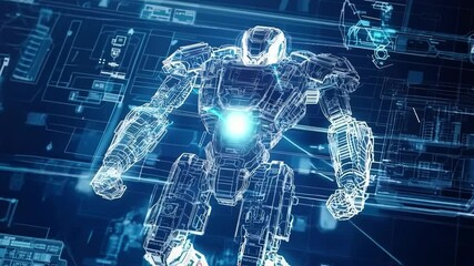 A drawing of a robot filled with software code, indicating advanced technological development.	