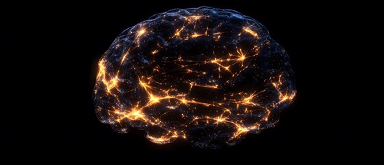 Fototapeta premium An artistic representation of a brain illuminated with glowing neural connections, symbolizing intelligence and advanced cognitive processes against a dark background.