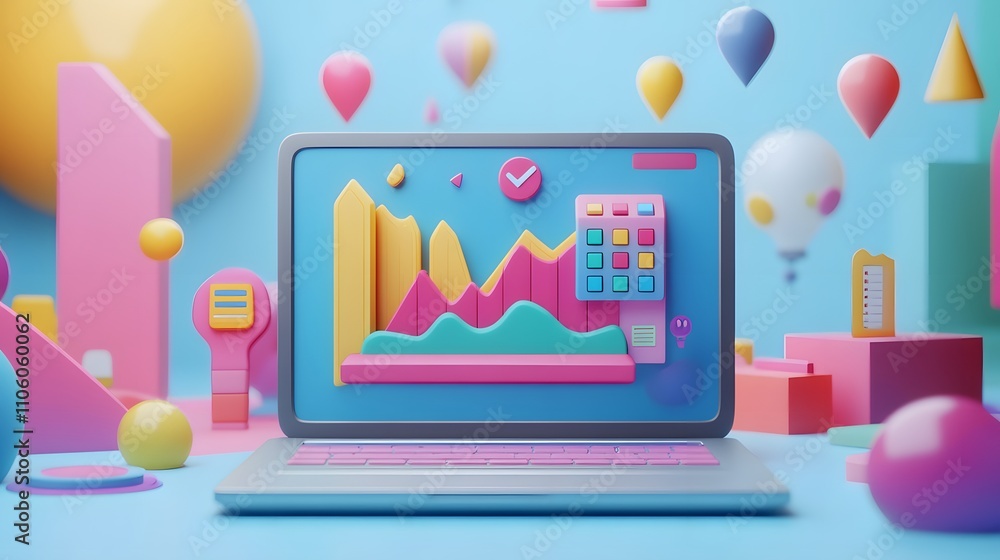 Poster colorful 3d representation of a laptop displaying vibrant graphs surrounded by geometric shapes, sym
