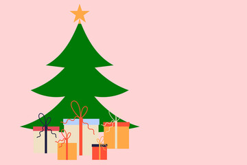 Fototapeta premium Woods, pine tree, fir, Christmas tree with five gifts, presents. Colorful, flat vector illustration on pink background. Horizontal layout perfect for social media, card, banner or article.