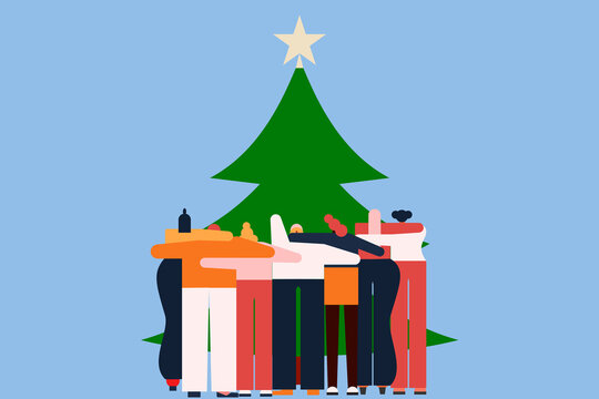 A colorful group of people, friends standing in front of a big Christmas tree, with a star. Colorful, vector illustration on transparent background. Horizontal layout perfect for social media