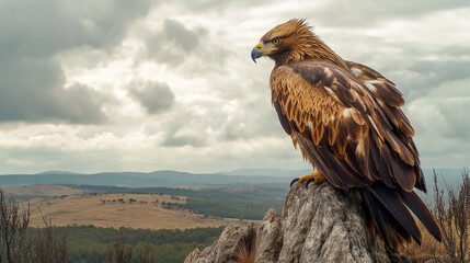 A striking golden eagle perched on a rock, gazing over a vast, tranquil landscape. The clouds and hills create a beautiful backdrop for this magnificent bird of prey.