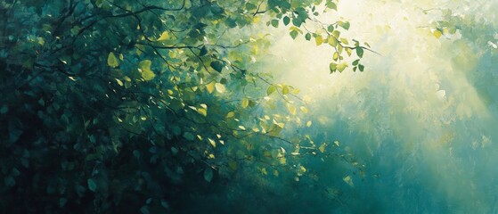 A serene forest scene with soft sunlight filtering through lush green leaves.