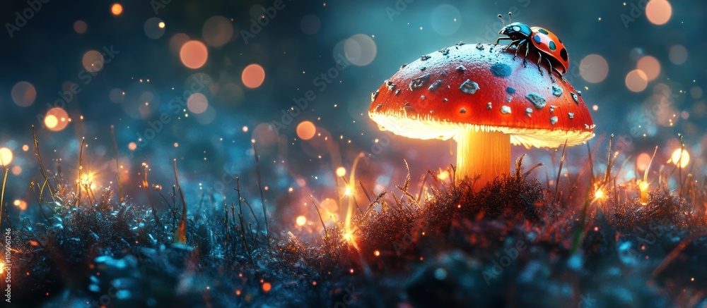 Poster a glowing red mushroom with a ladybug perched on top in a magical forest setting.