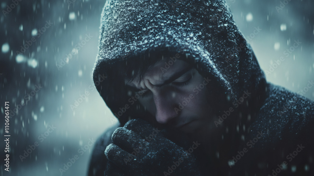Poster Man in hooded jacket attempting to shield himself from heavy snowfall with gloved hands