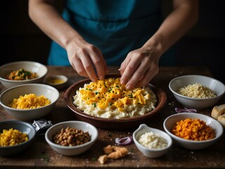 Flammekueche being prepared with surrounding ingredients.