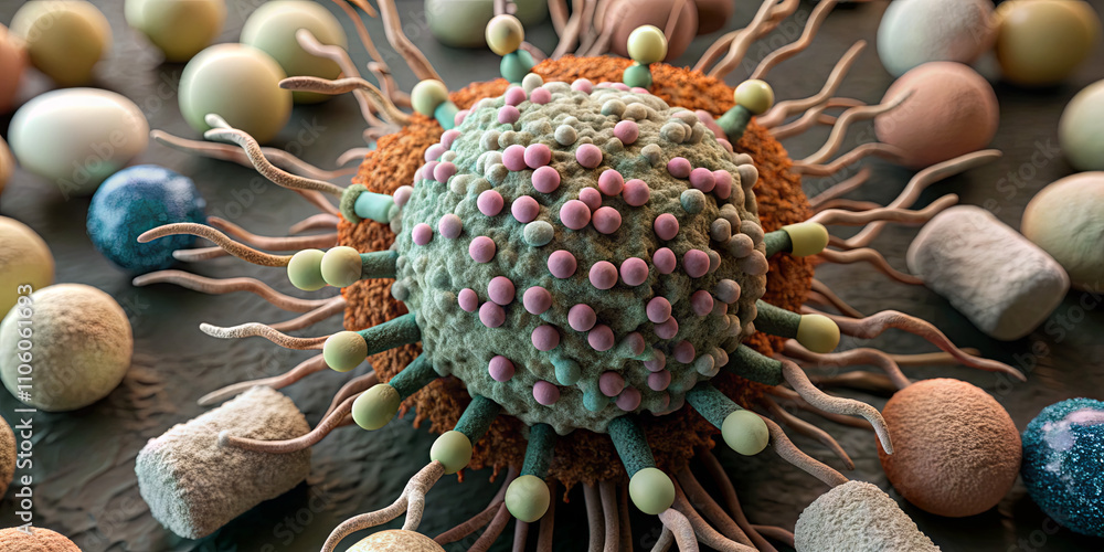Poster a vivid representation of a virus with protruding structures sits amidst smaller microorganisms on a