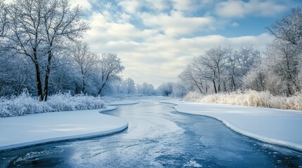Obraz premium Serene Winding River Flowing Through a Snowy Landscape Under a Bright Sky with Fluffy Clouds on a Crisp Winter Day
