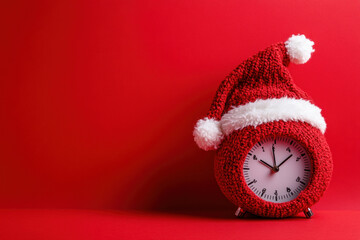 Red clock with a Santa hat on it, set against a festive background. Time ticking down to Christmas.