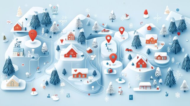 A colorful winter map landscape illustration.