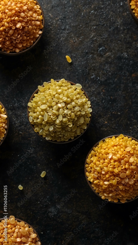 Poster floating bulgur grains on a dark background with unique textures.