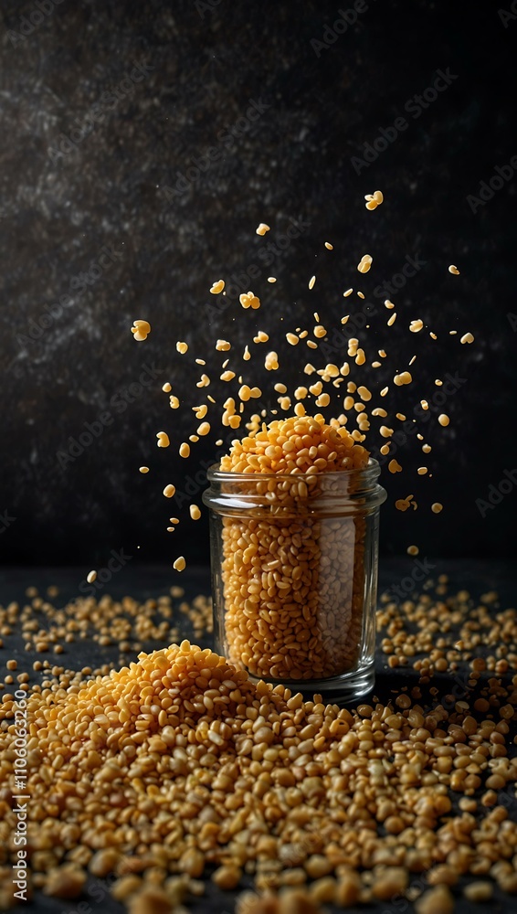Poster floating bulgur grains on a dark background with unique textures.