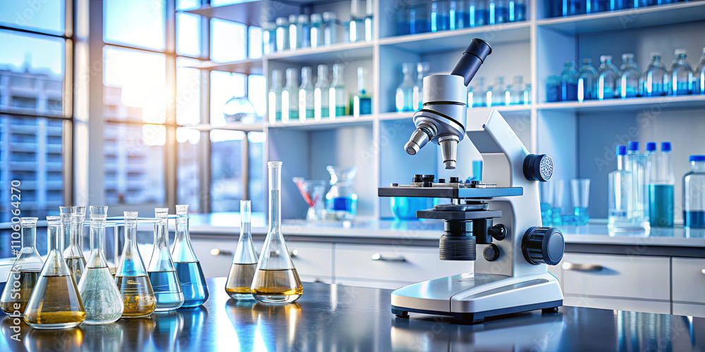 Poster a laboratory is arranged with a microscope positioned prominently on a countertop surrounded by beak