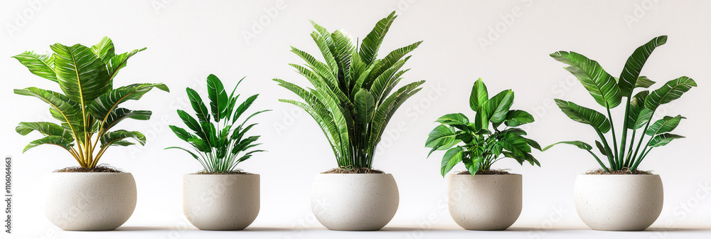 Poster five different types of indoor plants are symmetrically arranged in modern pots, showcasing greenery