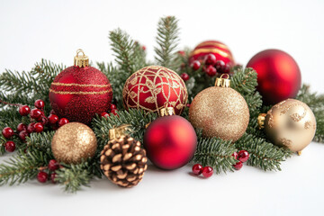 Fototapeta premium Christmas decorations on a white background: sparkling lights, colorful ornaments, and a festive wreath, creating a merry and bright holiday atmosphere.