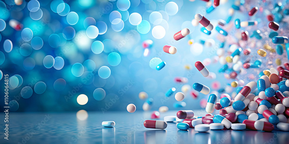 Poster various capsules in vibrant colors cascade from a small pile, creating a striking visual against a s