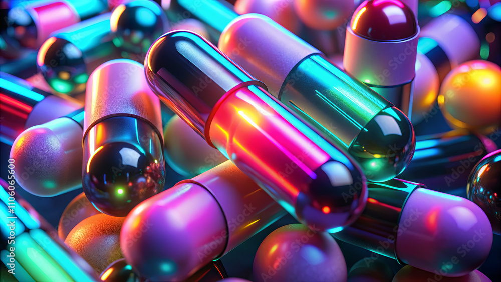 Poster a collection of glossy capsules in various colors is artfully arranged with vivid lighting, creating
