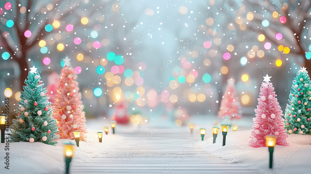 Poster a serene pathway lined with vibrant christmas trees and twinkling lights set in a snowy park during 