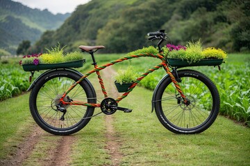 Fototapeta premium Twisted Bike with Vibrant Plant Trails for Ecologically Sound Travel and Global Green Day