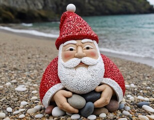 Santa Claus toy on the stone seashore. 