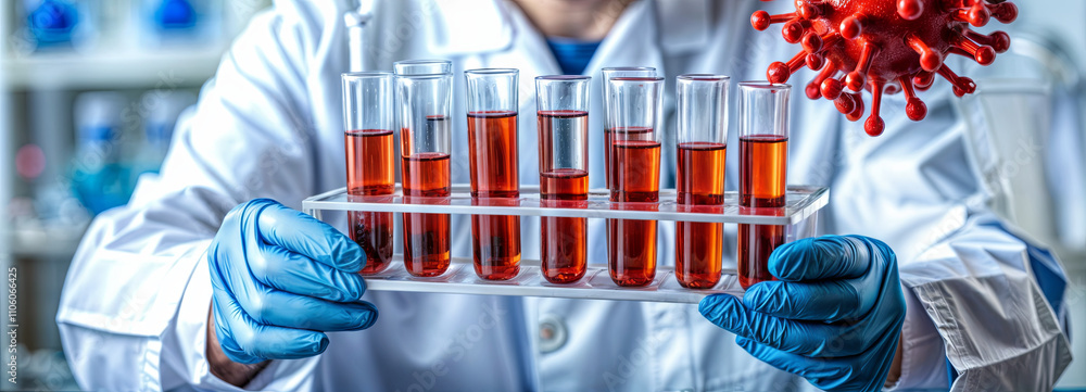 Poster a scientist in a lab coat holds a tray of blood samples while examining a virus model. the laborator