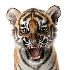 Obraz premium Angry Tiger Cub Portrait Looking Directly at Camera Isolated on Transparent Background