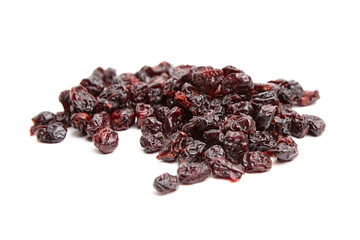 A scattered pile of dried cranberries with deep red hues and wrinkled textures, isolated on a white background. Ideal for snacks or culinary use