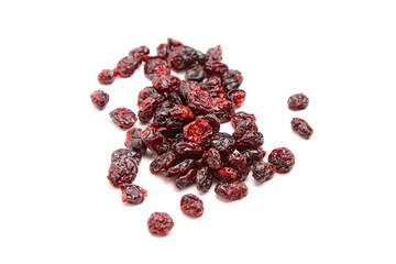 A scattered pile of dried cranberries with deep red hues and wrinkled textures, arranged on a white background. Perfect for snacking or cooking