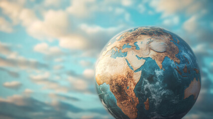 Rotating planet earth in space with clouds and sunlight, showing africa and asia continents