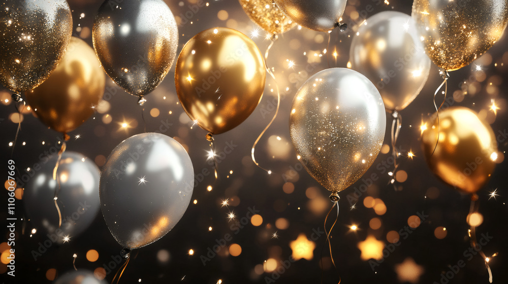 Poster festive golden and silver balloons floating against a dark background with sparkling confetti, creat