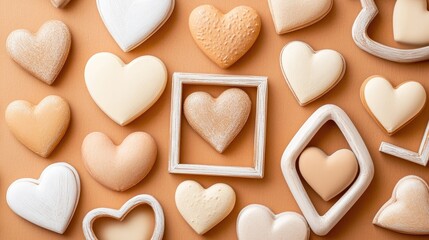 Obraz premium Pastel-toned background with overlapping hearts and neatly aligned blank frames for various creative uses.