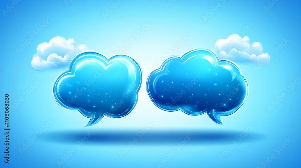 Poster glossy speech bubbles in cloud shapes floating on a blue background with smaller clouds, symbolizing