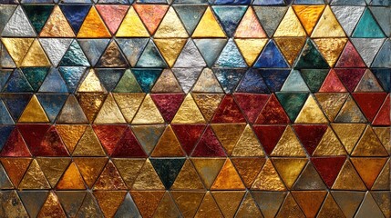 A vibrant mosaic of colorful triangular tiles arranged in a geometric pattern.