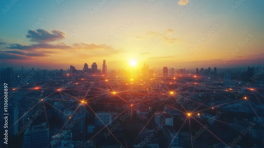 Poster Futuristic network connecting buildings in a smart city skyline at sunset, symbolizing communication and technological advancement