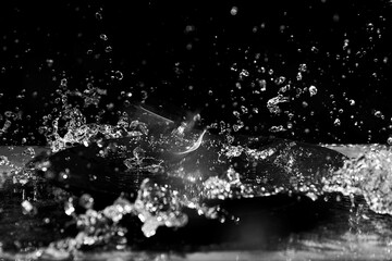 High-speed capture of water splashes and droplets in mid-air against a black background, showcasing dynamic fluid motion and intricate details