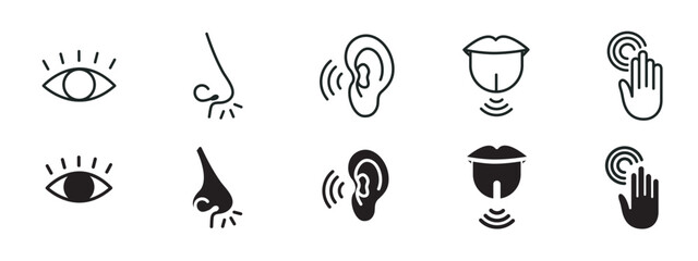 Five Senses line icons Five senses icon, representing the senses: eye (sight), nose (smell), ear (hearing), tongue (taste), and hand (touch) - ideal for web design education
