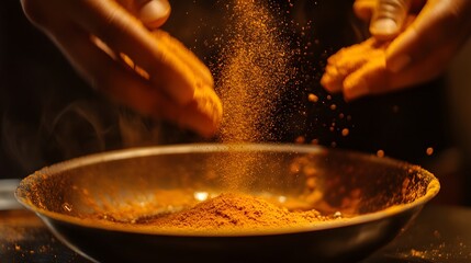 Hands Sprinkling Spice Powder into a Pan for Culinary Creation Indian food cuisine