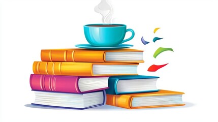 Naklejka premium Colorful books and coffee cup illustration.