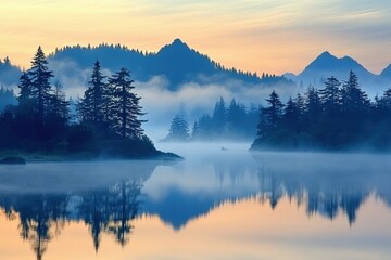 Fototapeta premium Pacific North West: Foggy Forest Landscape with Morning Mist and Reflecting Lake