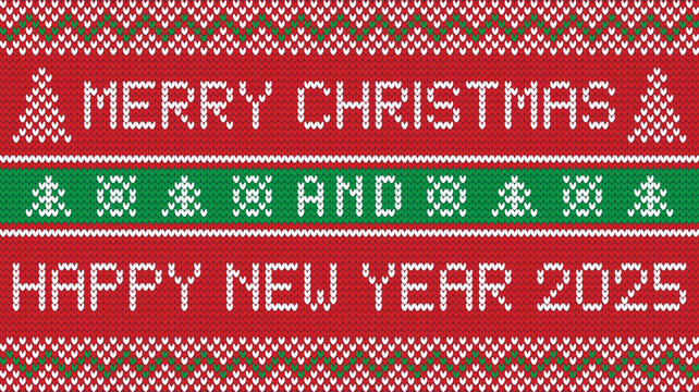 Festive Merry Christmas and Happy New Year 2025 Scandinavian Knitted Pattern Design