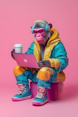 A monkey sitting at a laptop in a gray suit with headphones, drinking coffee. Minimal, abstract futuristic composition. A surreal, funny idea of ​​evolution on pink backgorund.