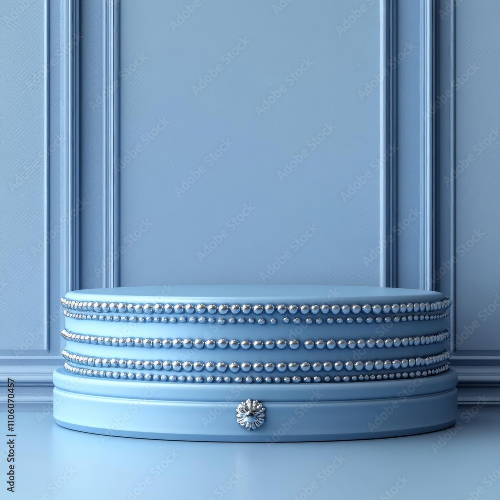 Poster photostock of blank product display on blue studio background with pedestal or podium. empty showcas